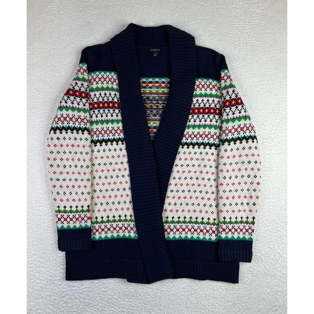 Talbots Womens Small Fair‎ Isle Open Front Cardigan Sweater Shawl Collar